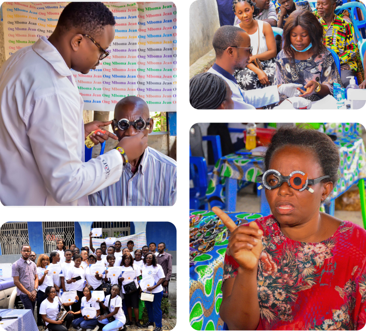 Collage of MBOMA JEAN eye care, health care, and training activities